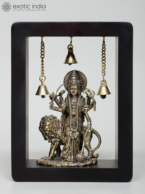 8" Superfine Standing Goddess Durga (Sherawali Maa) | Wood Framed Brass Sculpture | Wall Hanging