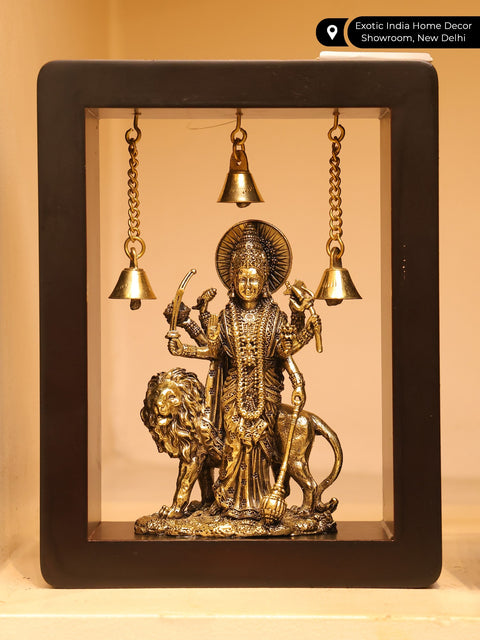 8" Superfine Standing Goddess Durga (Sherawali Maa) | Wood Framed Brass Sculpture | Wall Hanging