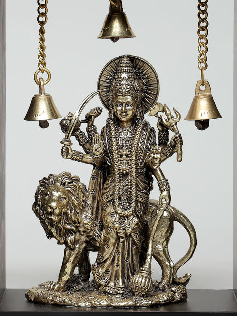 8" Superfine Standing Goddess Durga (Sherawali Maa) | Wood Framed Brass Sculpture | Wall Hanging