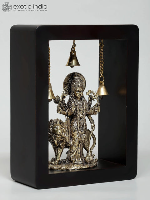8" Superfine Standing Goddess Durga (Sherawali Maa) | Wood Framed Brass Sculpture | Wall Hanging