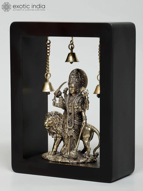 8" Superfine Standing Goddess Durga (Sherawali Maa) | Wood Framed Brass Sculpture | Wall Hanging
