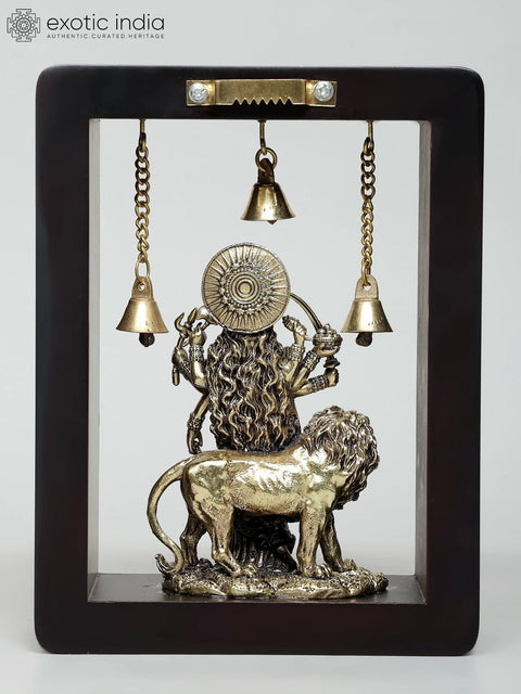 8" Superfine Standing Goddess Durga (Sherawali Maa) | Wood Framed Brass Sculpture | Wall Hanging