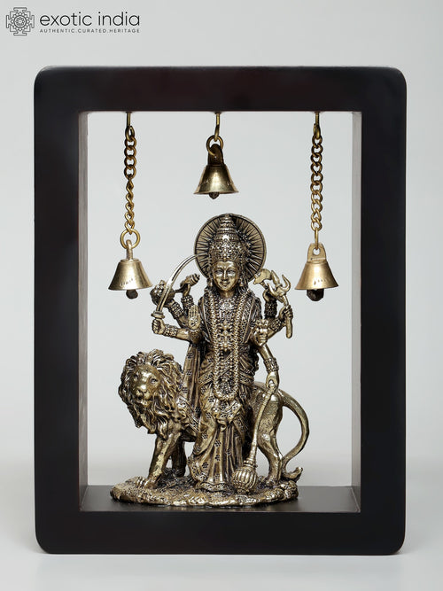 8" Standing Goddess Durga Brass Sculpture with Wood Frame Wall Hanging