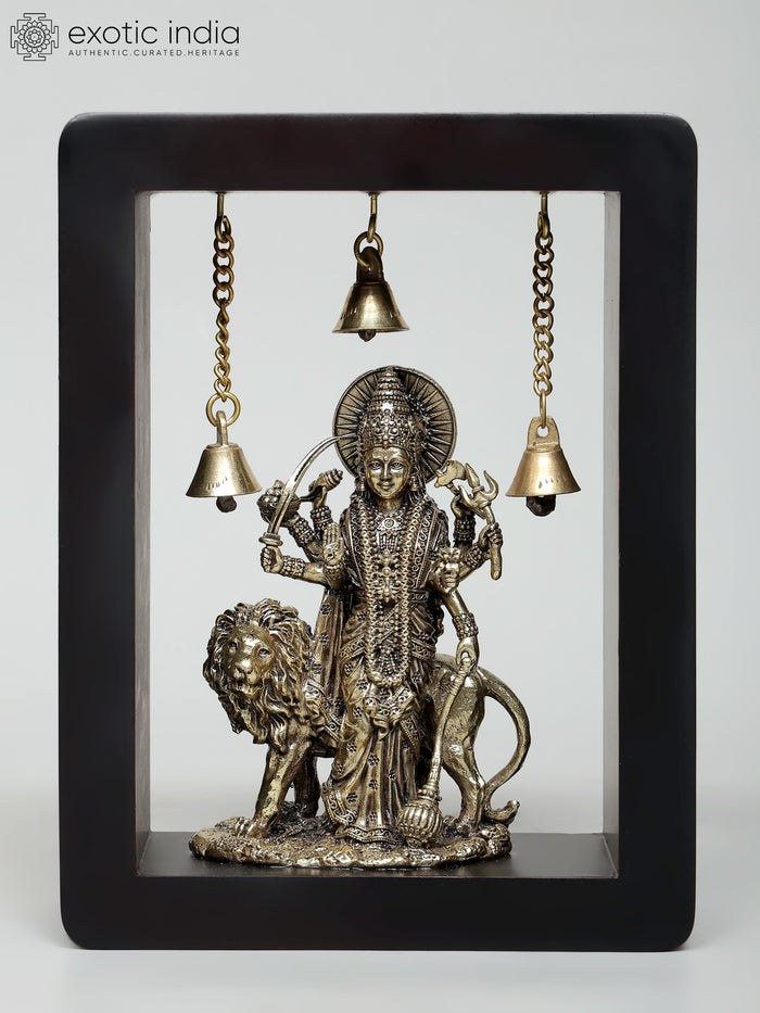 8" Superfine Standing Goddess Durga (Sherawali Maa) | Wood Framed Brass Sculpture | Wall Hanging
