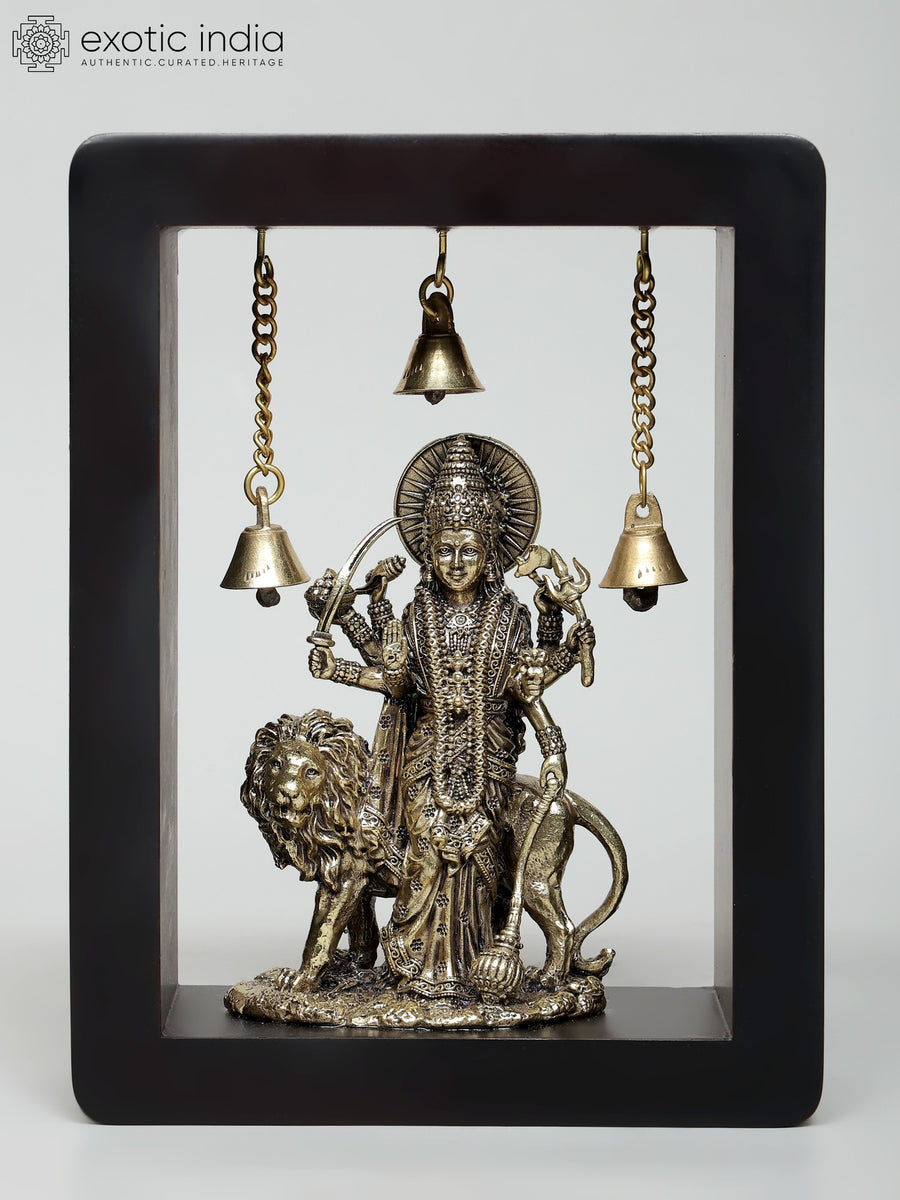 8" Standing Goddess Durga Brass Sculpture with Wood Frame Wall Hanging