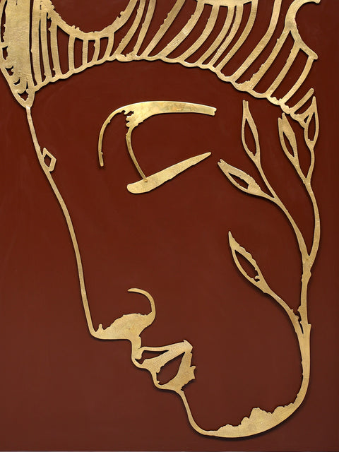 46" Large Wood Framed Buddha Face in Brass | Wall Hanging