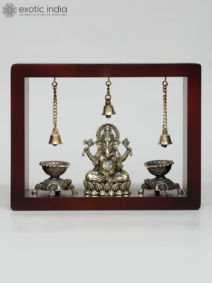 9" Handmade Brass Lord Ganesha with Tortoise Lamps Wall Hanging