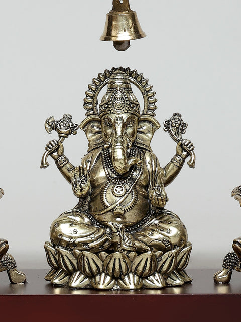 9" Superfine Blessing Lord Ganesha with Tortoise Lamps and Bells | Wood Framed Brass Sculpture | Wall Hanging