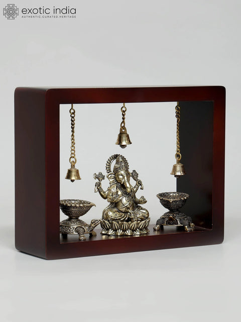 9" Superfine Blessing Lord Ganesha with Tortoise Lamps and Bells | Wood Framed Brass Sculpture | Wall Hanging