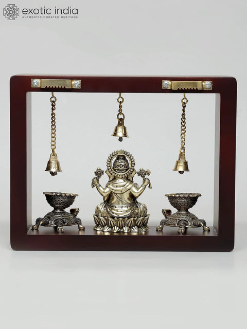 9" Superfine Blessing Lord Ganesha with Tortoise Lamps and Bells | Wood Framed Brass Sculpture | Wall Hanging