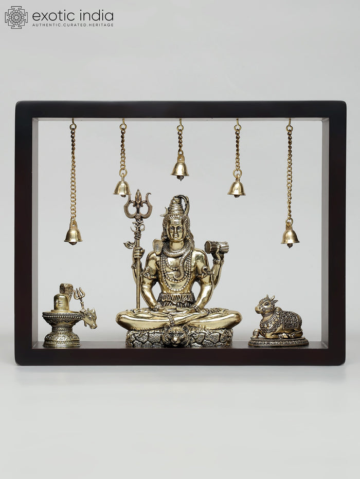 12" Sitting Lord Shiva with Nandi and Shivalinga Brass Wall Hanging