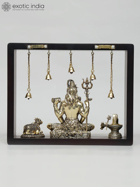 12" Superfine Sitting Lord Shiva with Nandi and Shivalinga | Wood Framed Brass Sculptures | Wall Hanging