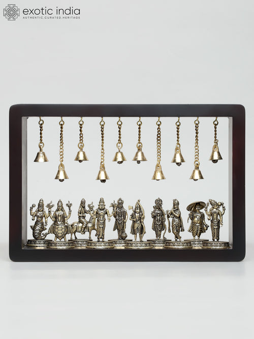 12" Brass Dashavatara Lord Vishnu Wood Framed Wall Hanging