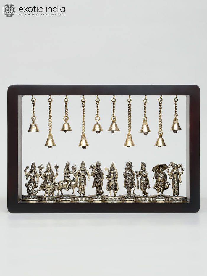 12" Brass Dashavatara Lord Vishnu Wood Framed Wall Hanging