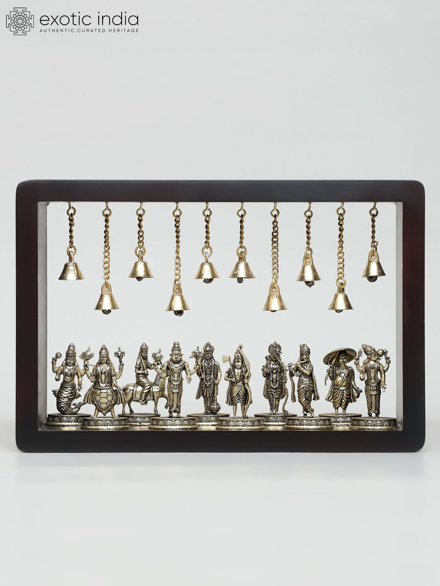 12" Brass Dashavatara Lord Vishnu Wood Framed Wall Hanging