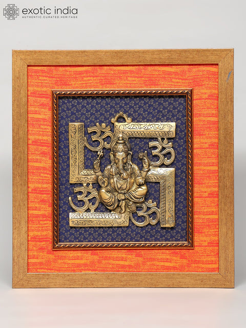 19" Lord Ganesha with Swastik and Om | Wood Framed Brass Sculpture | Wall Hanging
