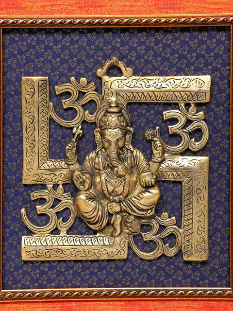 19" Lord Ganesha with Swastik and Om | Wood Framed Brass Sculpture | Wall Hanging