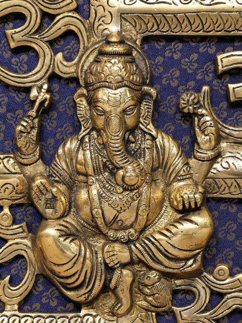 19" Lord Ganesha with Swastik and Om | Wood Framed Brass Sculpture | Wall Hanging