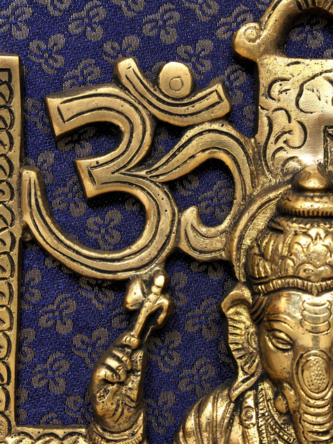 19" Lord Ganesha with Swastik and Om | Wood Framed Brass Sculpture | Wall Hanging