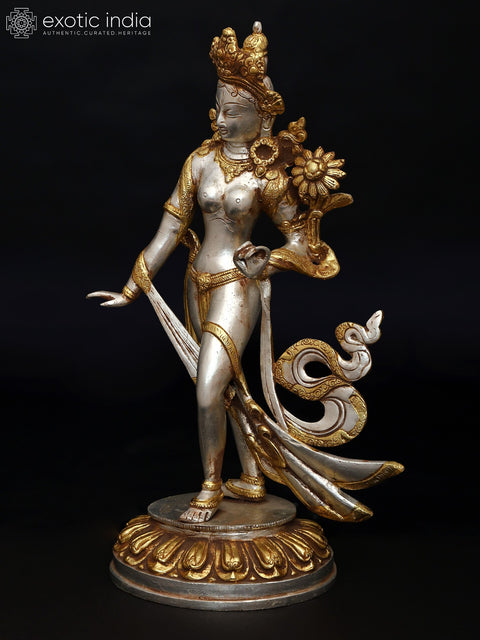 15" Standing Tibetan Buddhist Goddess Tara Statue in Brass