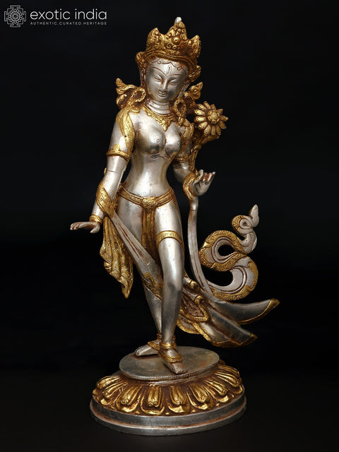 15" Standing Tibetan Buddhist Goddess Tara Statue in Brass
