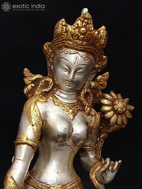 15" Standing Tibetan Buddhist Goddess Tara Statue in Brass