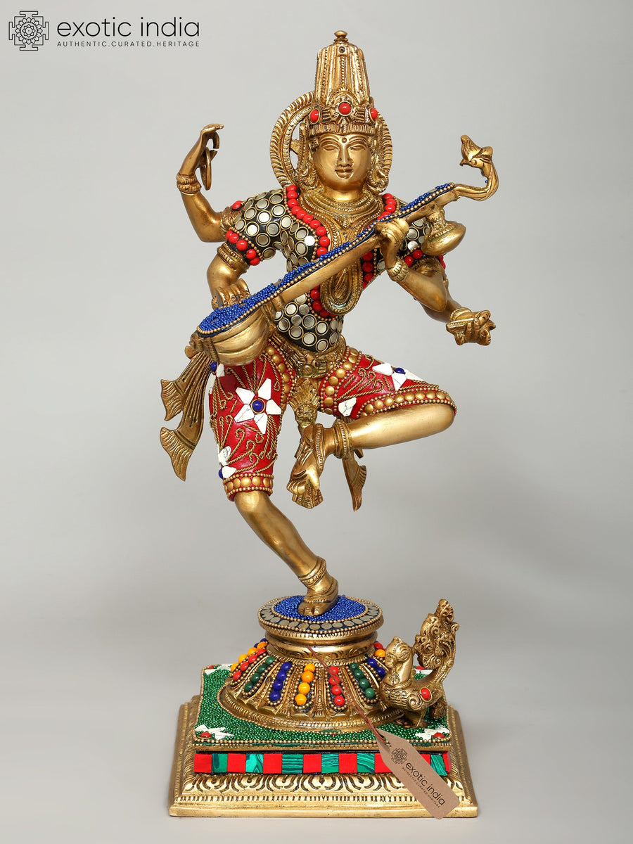 14" Dancing Saraswati Brass Statue with Inlay Work Handmade