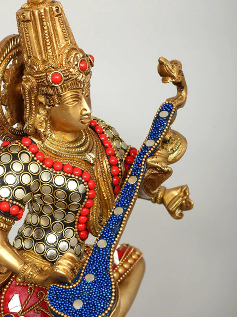 14" Dancing Goddess Saraswati | Brass Statue with Inlay Work