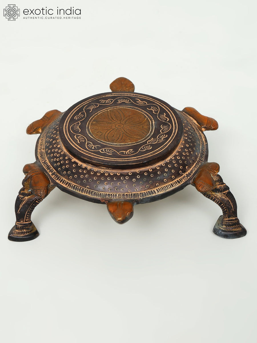 7" Tortoise Design Brass Pedestal Chowki for Pooja