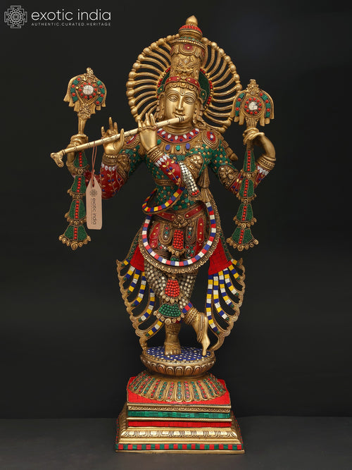 31" Four Armed Fluting Krishna Brass Statue with Inlay Work