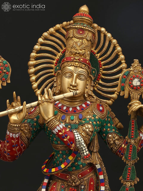 31" Large Four Armed Fluting Lord Krishna | Brass Statue with Inaly Work