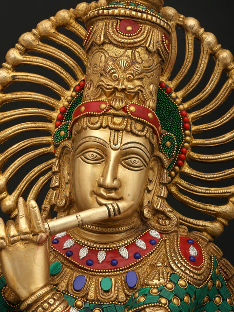 31" Large Four Armed Fluting Lord Krishna | Brass Statue with Inaly Work