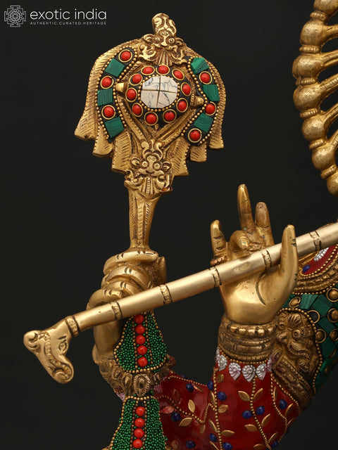 31" Large Four Armed Fluting Lord Krishna | Brass Statue with Inaly Work