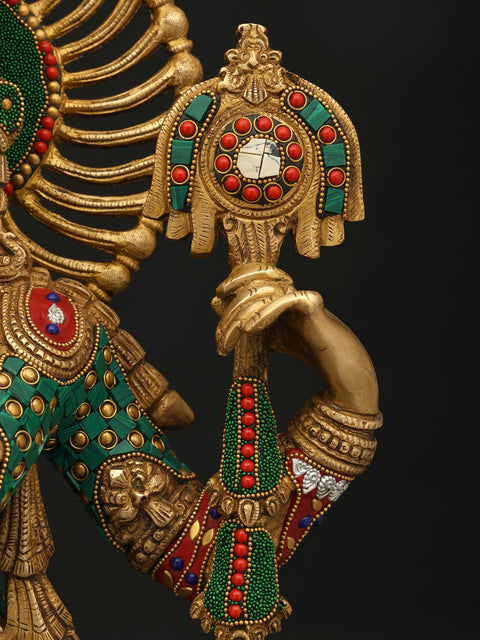 31" Large Four Armed Fluting Lord Krishna | Brass Statue with Inaly Work