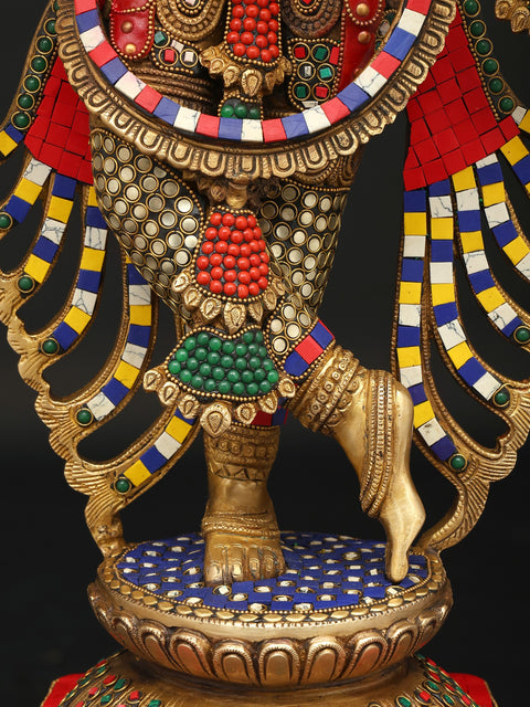 31" Large Four Armed Fluting Lord Krishna | Brass Statue with Inaly Work