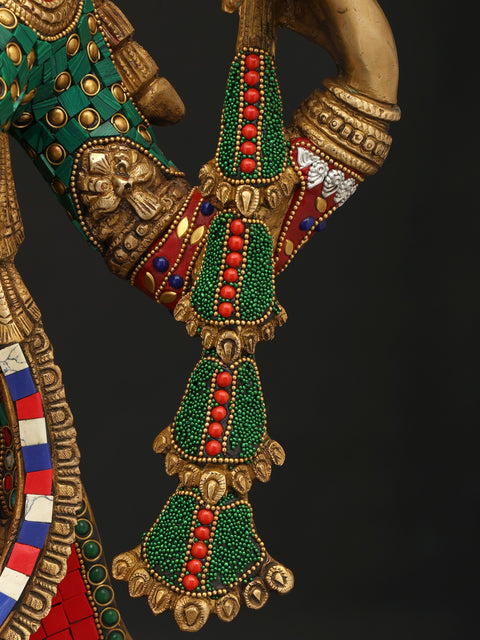 31" Large Four Armed Fluting Lord Krishna | Brass Statue with Inaly Work