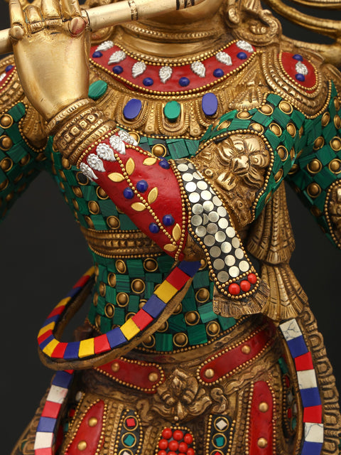 31" Large Four Armed Fluting Lord Krishna | Brass Statue with Inaly Work
