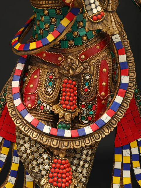 31" Large Four Armed Fluting Lord Krishna | Brass Statue with Inaly Work