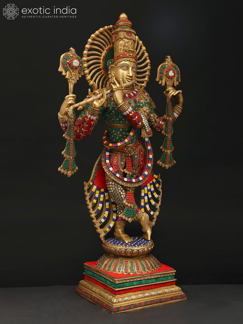 31" Large Four Armed Fluting Lord Krishna | Brass Statue with Inaly Work