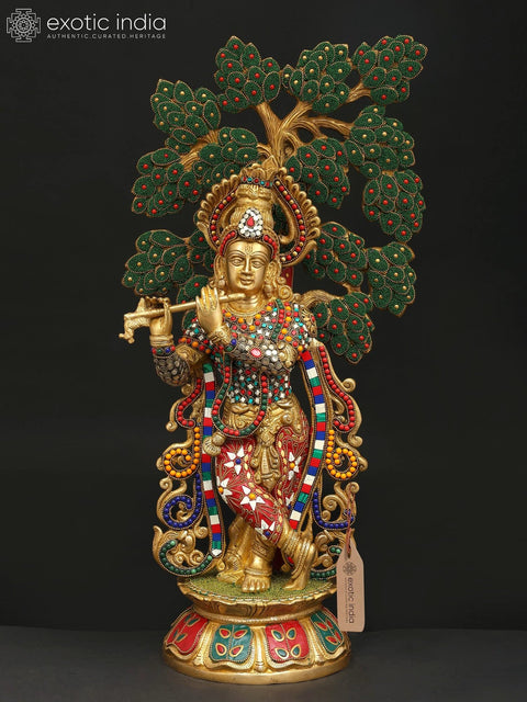 24" Lord Krishna Playing Flute Unde The Tree | Brass Statue with Inlay Work
