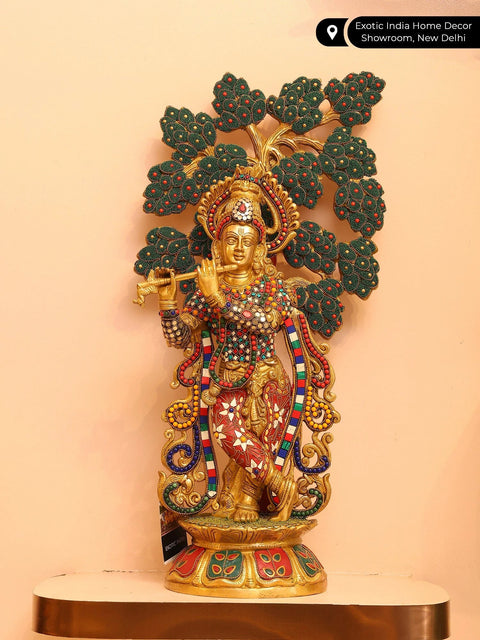 24" Lord Krishna Playing Flute Unde The Tree | Brass Statue with Inlay Work