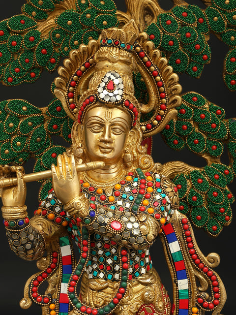 24" Lord Krishna Playing Flute Unde The Tree | Brass Statue with Inlay Work