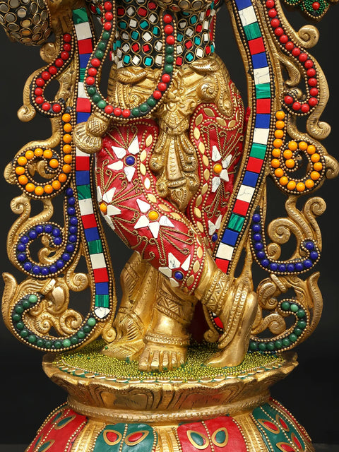 24" Lord Krishna Playing Flute Unde The Tree | Brass Statue with Inlay Work