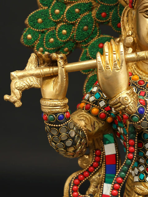 24" Lord Krishna Playing Flute Unde The Tree | Brass Statue with Inlay Work