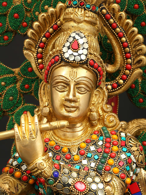 24" Lord Krishna Playing Flute Unde The Tree | Brass Statue with Inlay Work