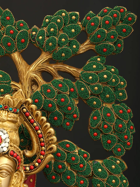 24" Lord Krishna Playing Flute Unde The Tree | Brass Statue with Inlay Work