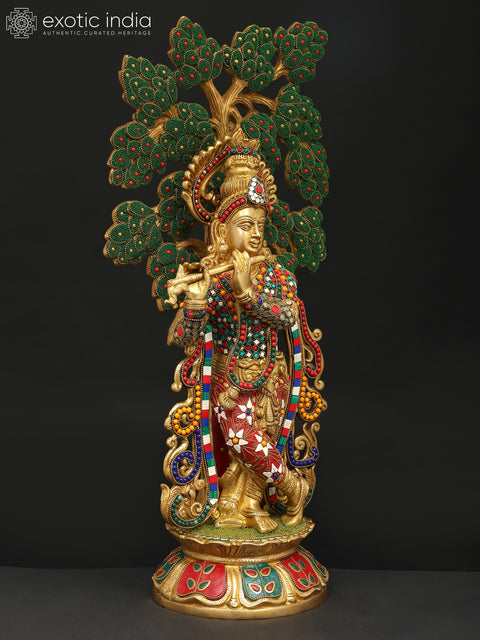 24" Lord Krishna Playing Flute Unde The Tree | Brass Statue with Inlay Work