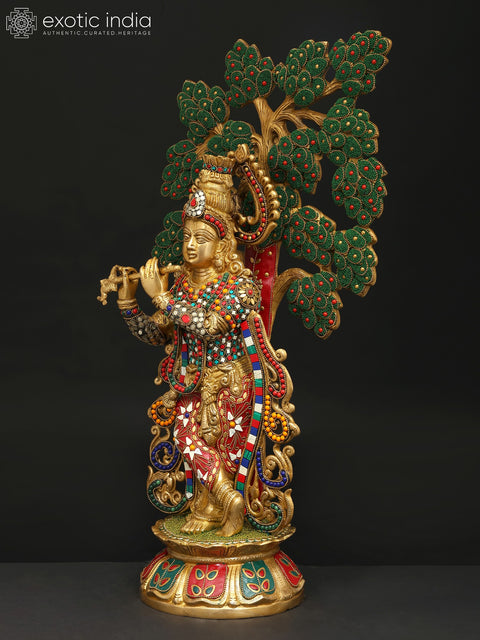 24" Lord Krishna Playing Flute Unde The Tree | Brass Statue with Inlay Work