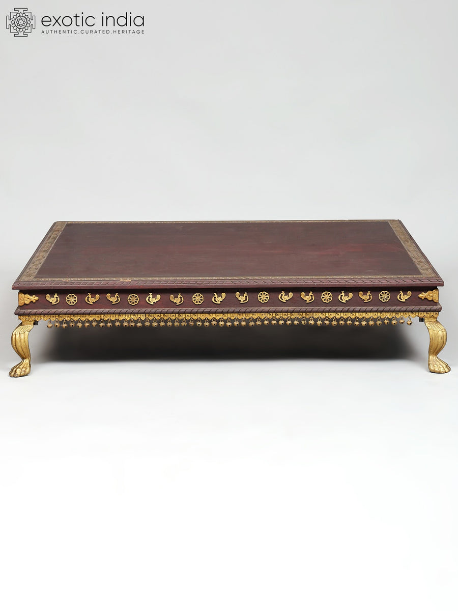 40" Large Wood Pedestal Chowki with Brass Legs for Pooja