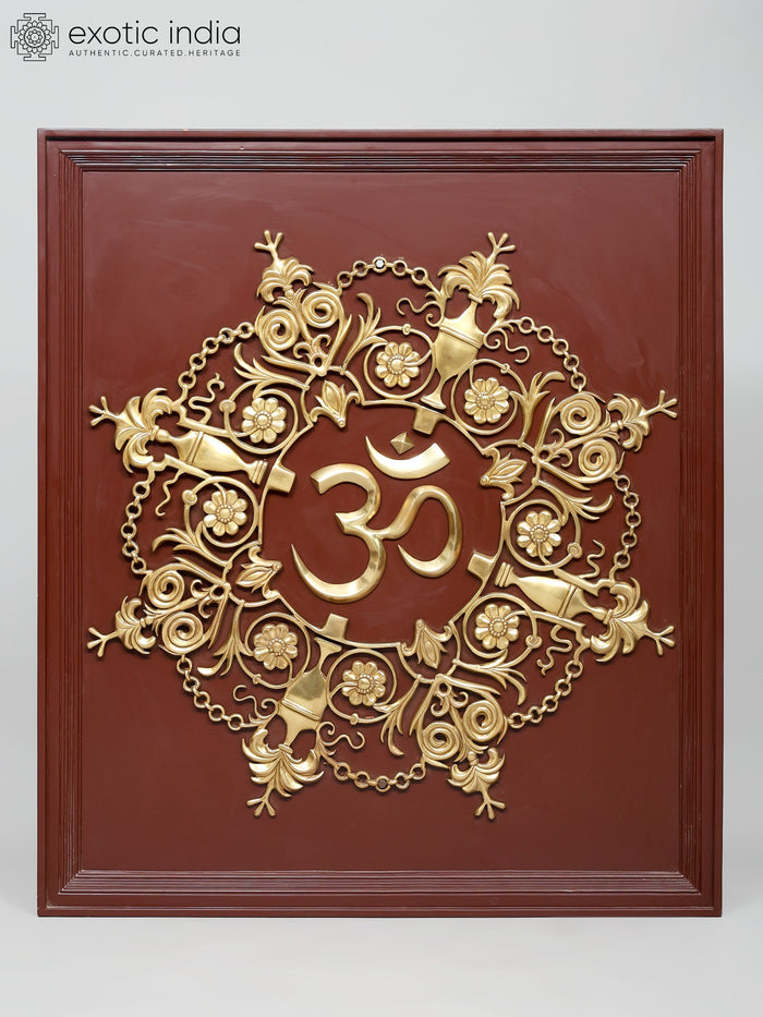 44" Wood Framed Om Brass Wall Hanging for Home Decor